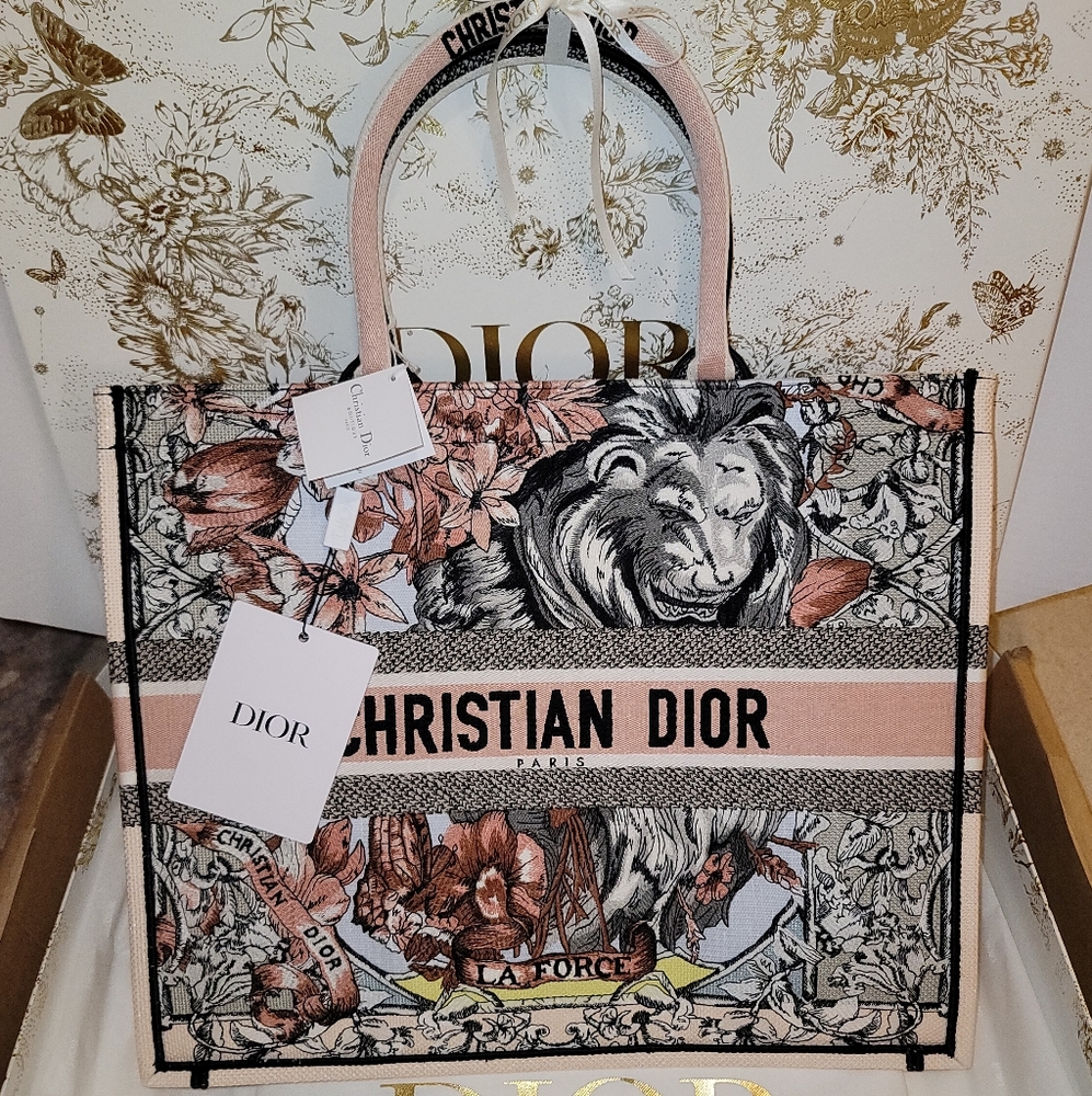 DIOR BOOK TOTE LA FORCE GRAY BEIGE PEACH PINK FLOWERS LIMITED EDITION LARGE BAG